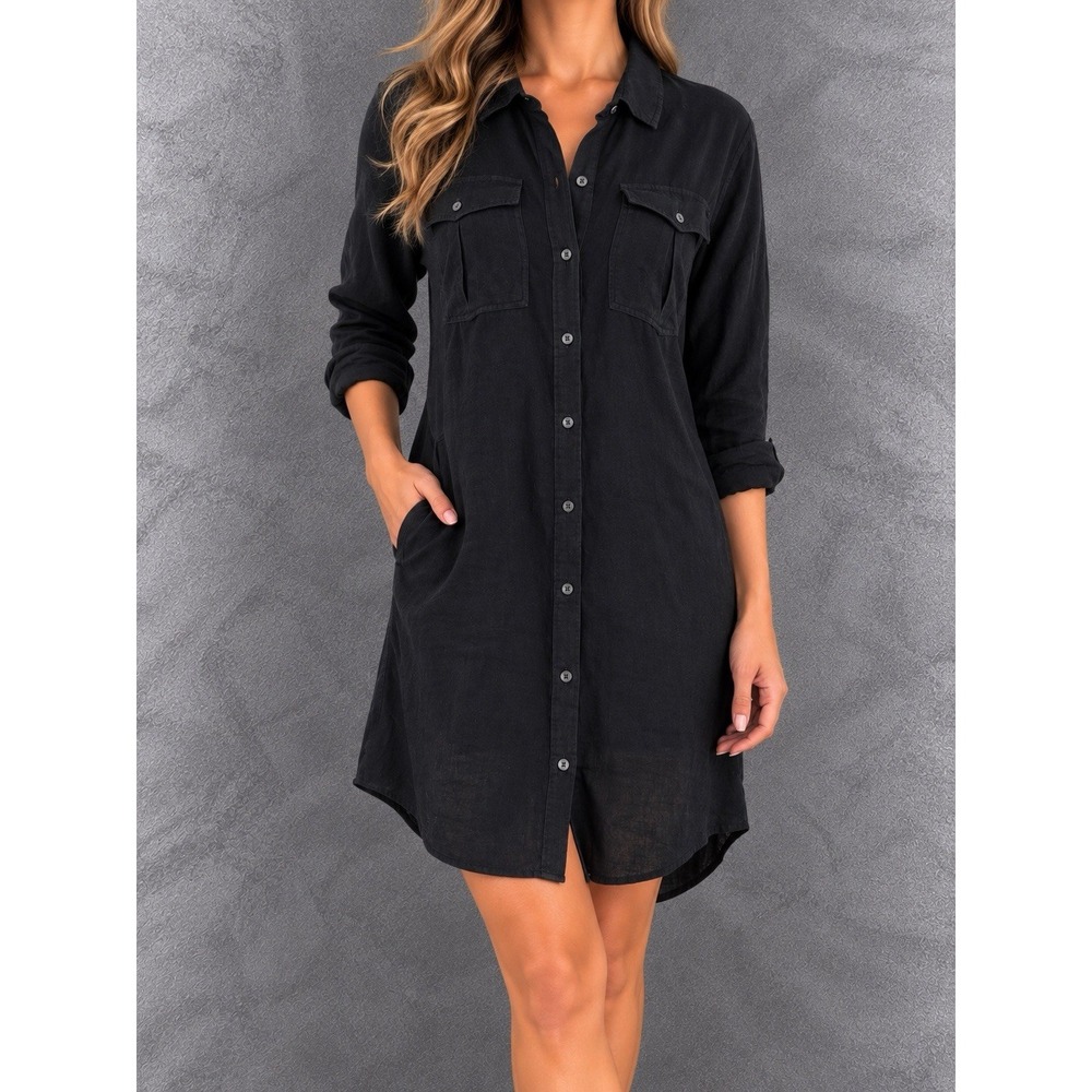 James Perse Linen Shirt Dress Womens 1 Black Button Front Utility Minimalist